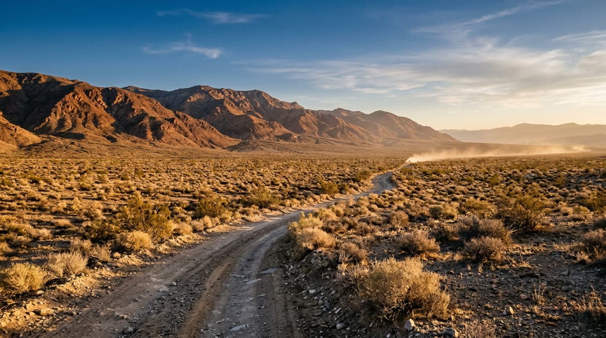 Open desert valley at golden hour with a dirt track winding through scrub toward distant ridges.