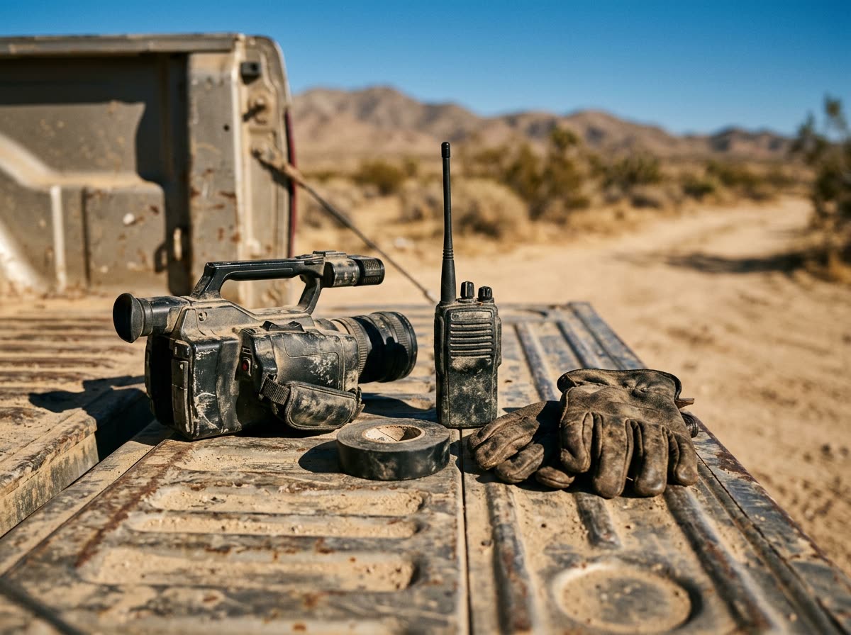 Dusty video camera, radio and work gloves resting on the open tailgate of a dirt-covered truck.