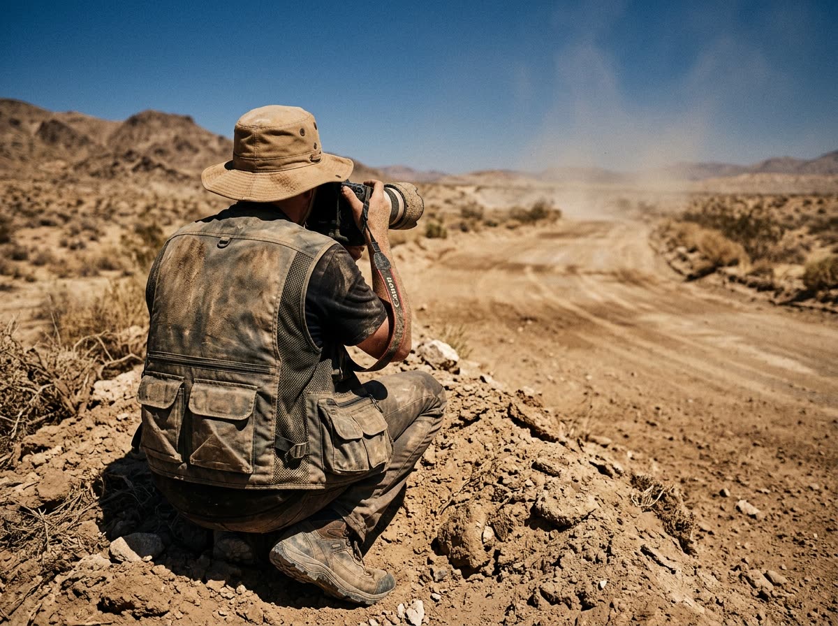 Person seen from behind crouching on a desert berm with a camera aimed down an empty dirt course.