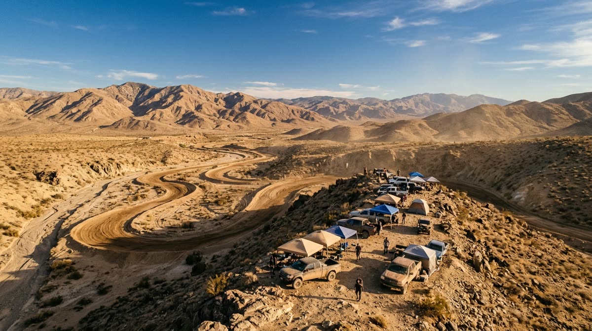Desert ridge overlooking an empty dirt course, with parked trucks and canopies along the rim.