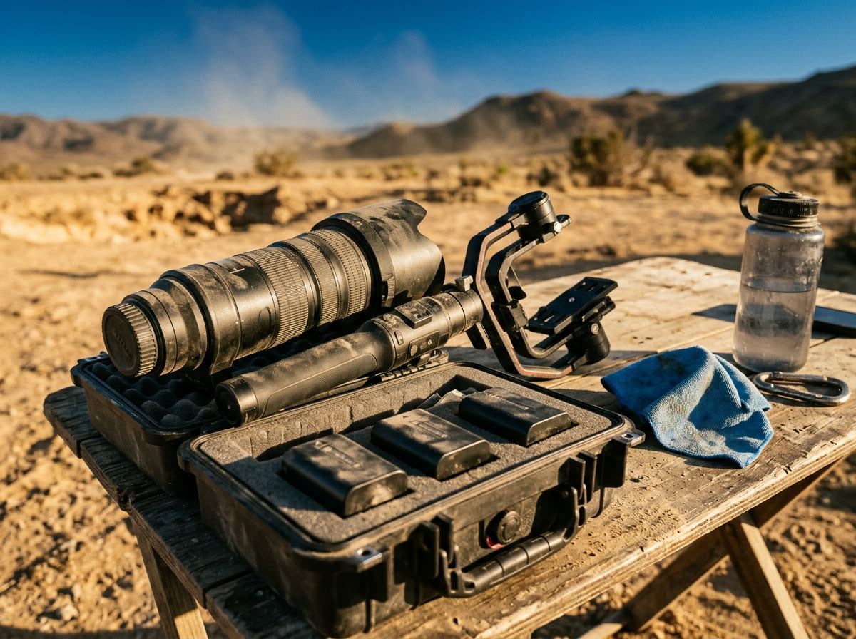 Telephoto lens, gimbal and batteries in an open foam-lined case on a dusty folding table.