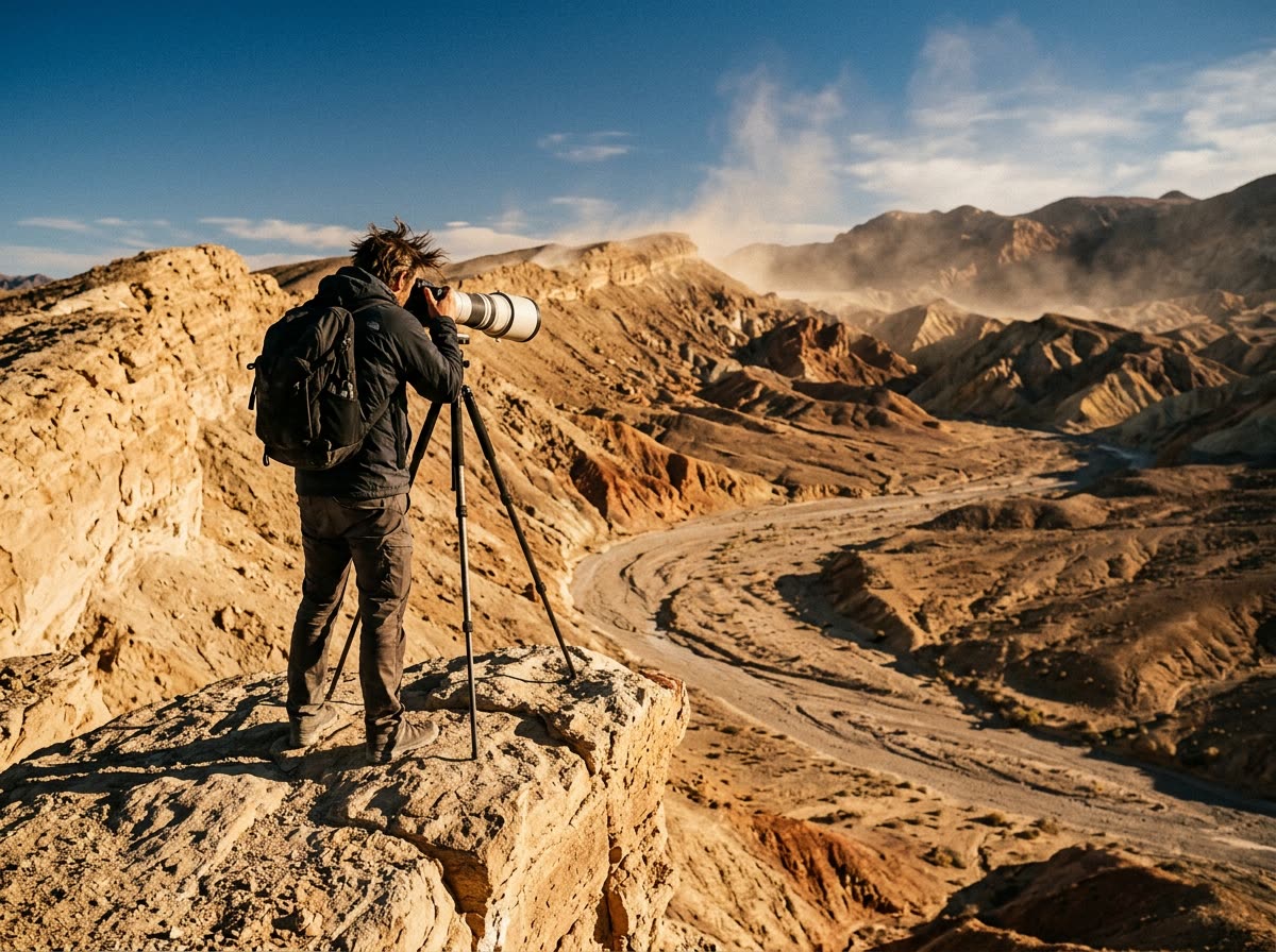 Figure on a rock outcrop, back to camera, aiming a long telephoto lens across a desert valley.
