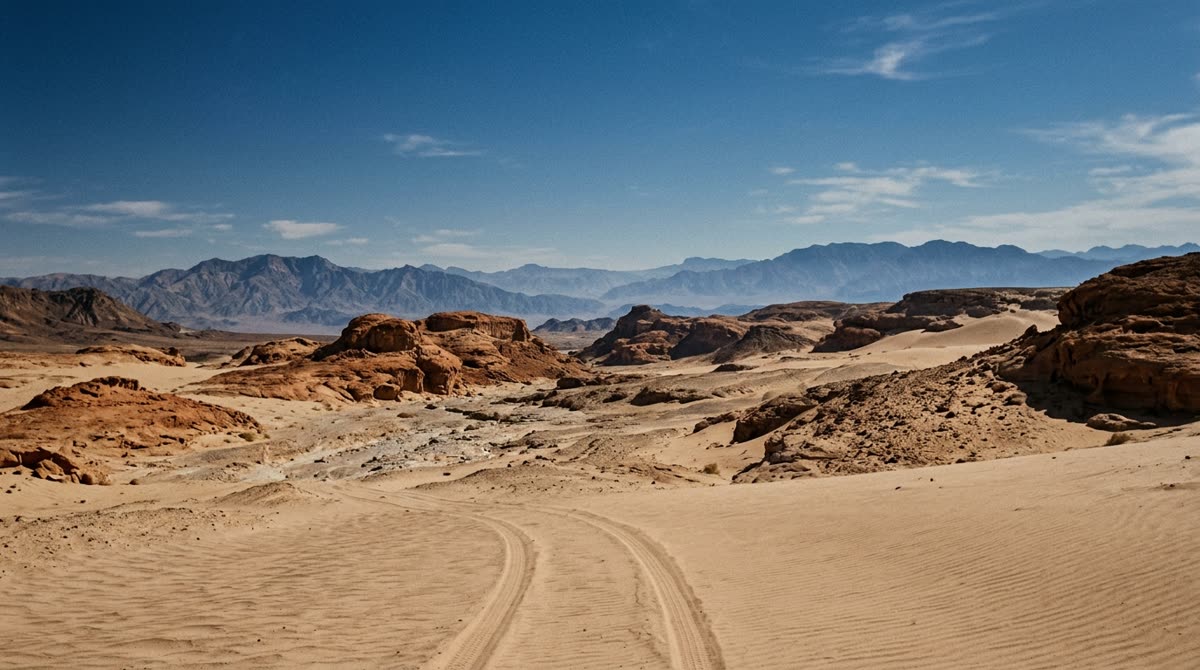 Rolling sand dunes and red rock washes under a clear sky, with faint tire tracks in the sand.