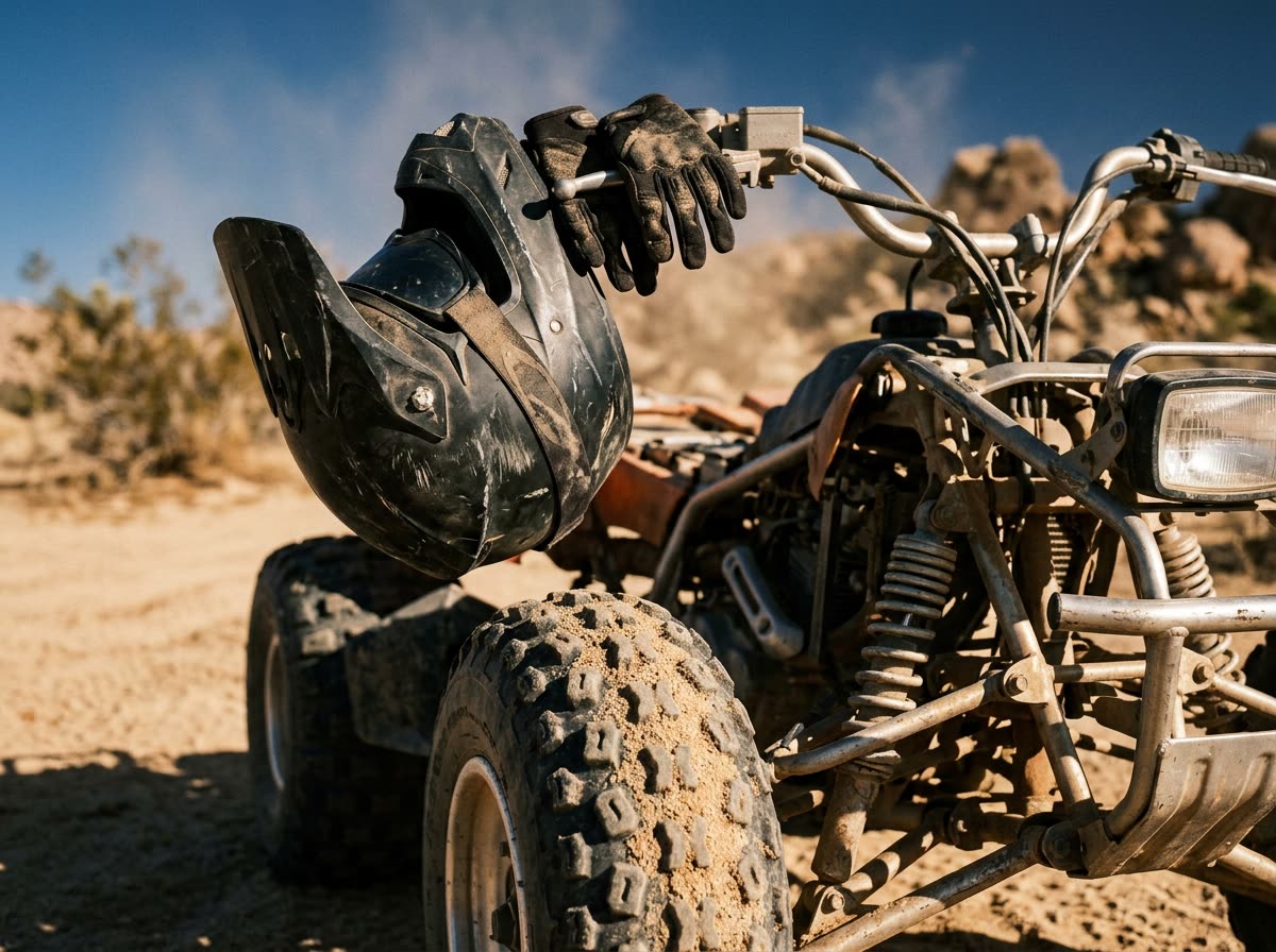Sandy knobby tire with a helmet, goggles and gloves hanging from a quad's handlebars.
