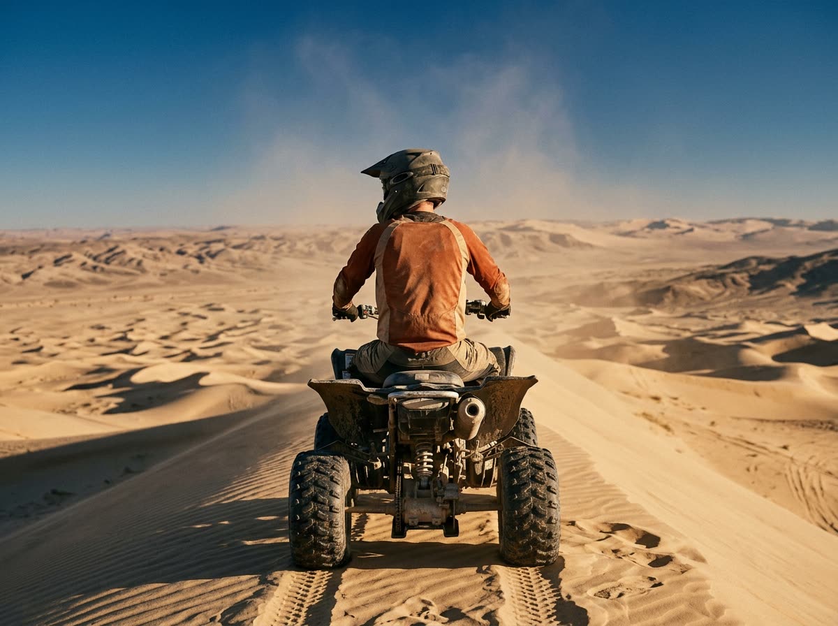 Helmeted rider seen from behind on a quad at the top of a dune, looking over open desert.