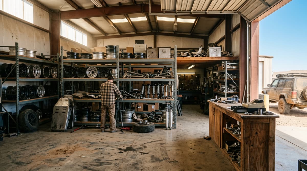 Interior of a parts shop with steel shelving of wheels and suspension components behind a counter.