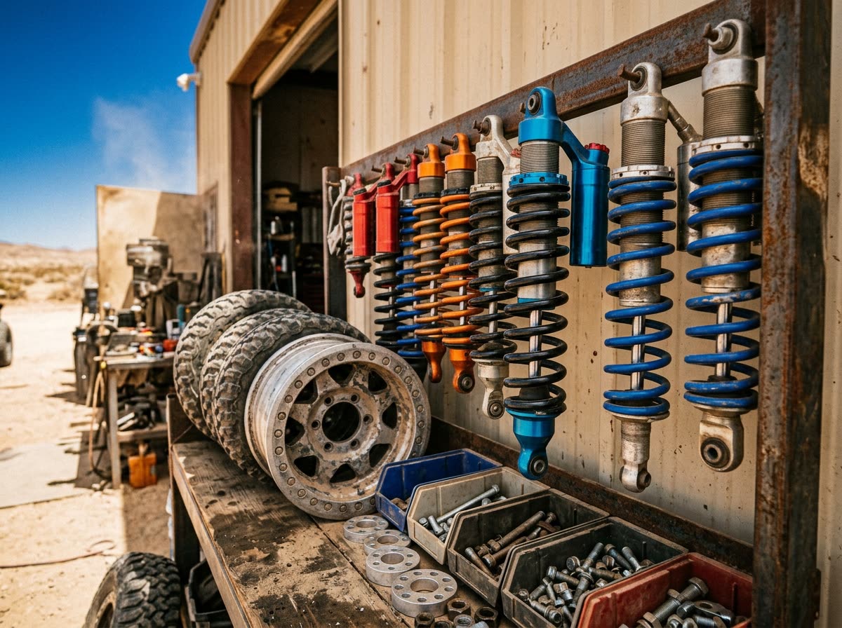 Rack of coil-over shocks beside stacked wheels and open bins of bolts under shop lighting.