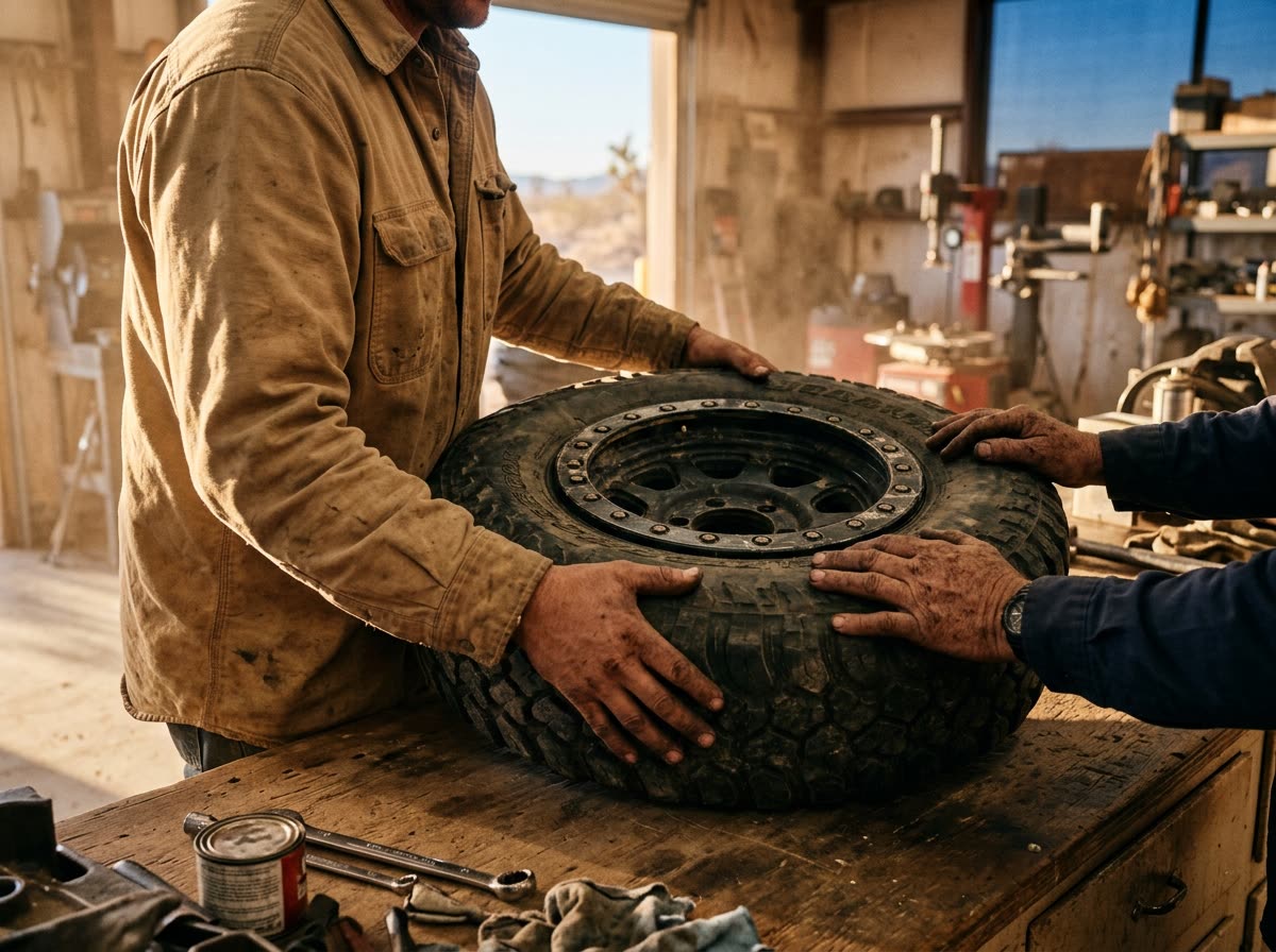 Customer cropped above the shoulders lifting a heavy wheel onto a parts shop counter.