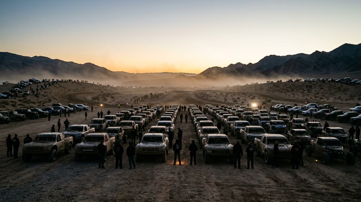 Off-road race trucks staged in rows in a desert valley at dawn with dust hanging in the air.
