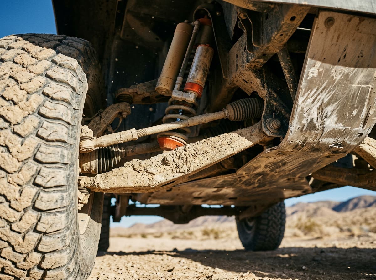 Massive bypass shocks and mud-caked suspension arms on the front of a desert race truck.