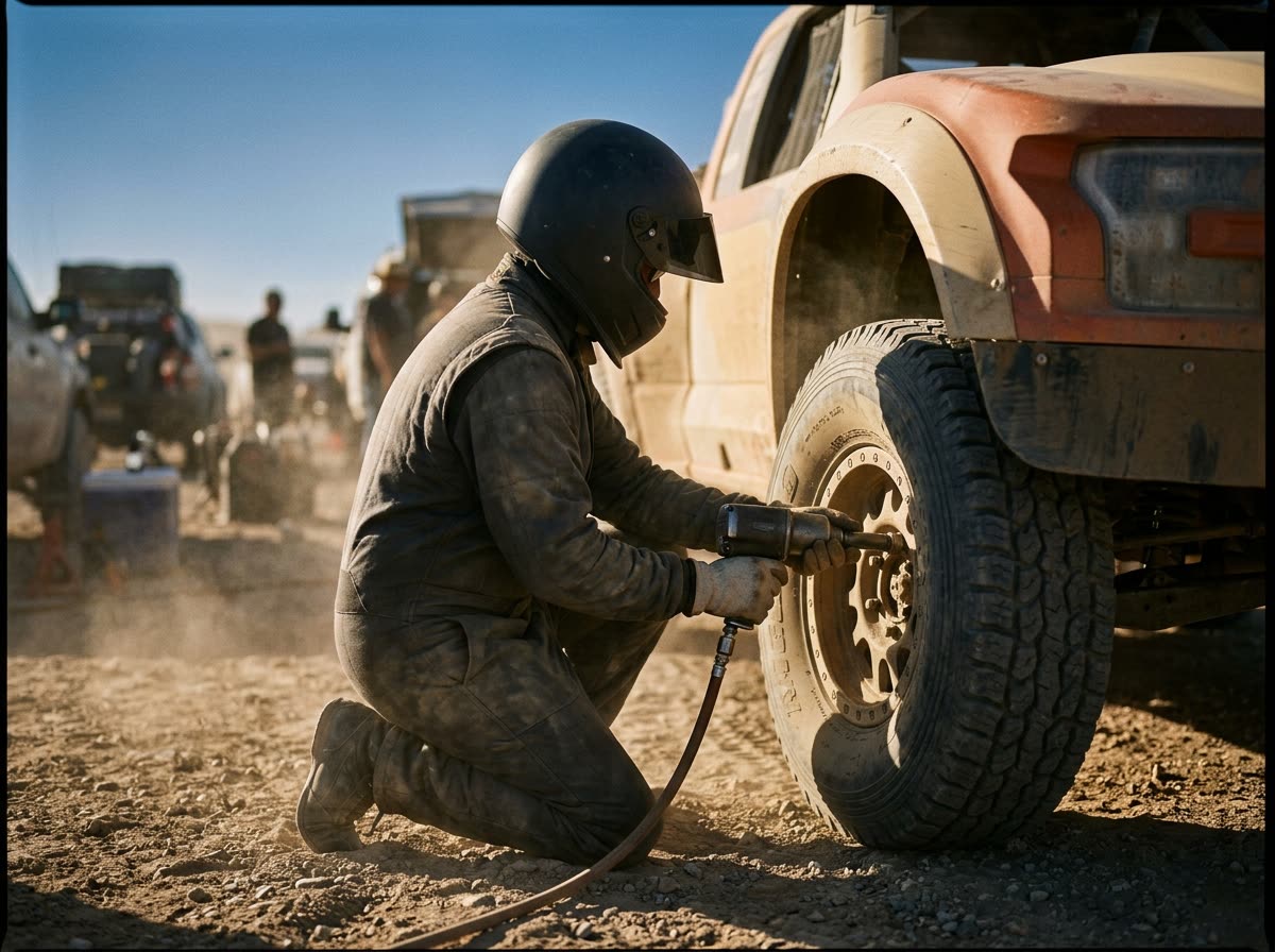 Crew member in a fire suit kneeling with an impact wrench at a race truck's front wheel.