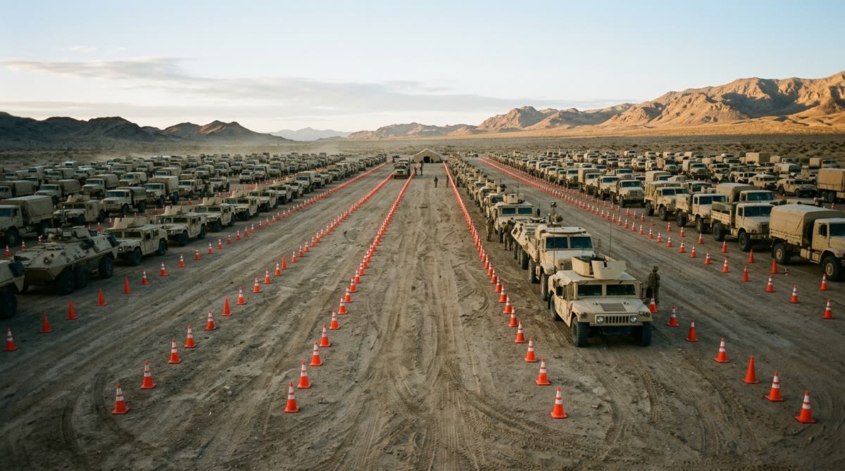 Desert staging lanes marked by rows of orange cones stretching toward the horizon at dawn.