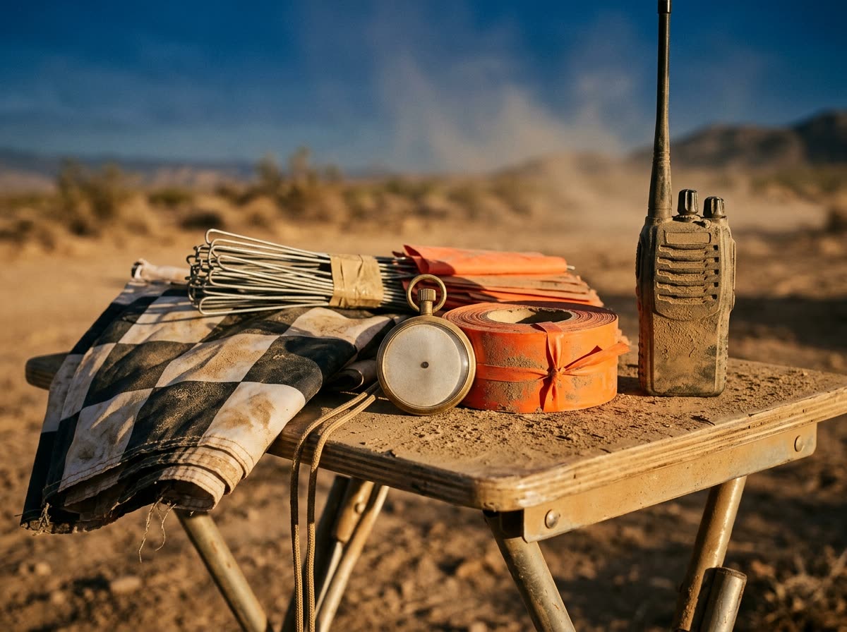 Stopwatch, flagging tape, pin flags and a folded checkered flag on a dusty folding table.