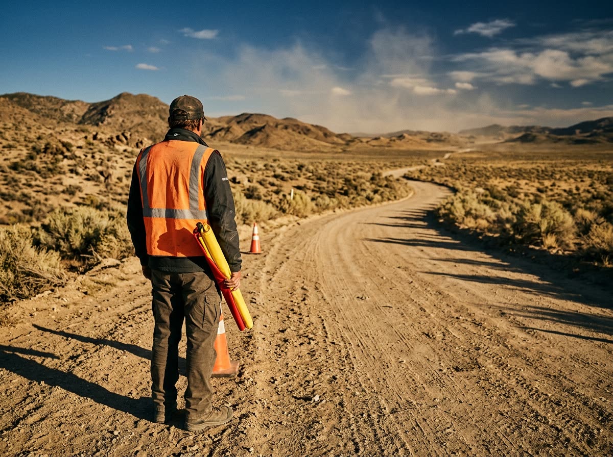 Marshal in a safety vest seen from behind at a desert checkpoint, holding a rolled flag.