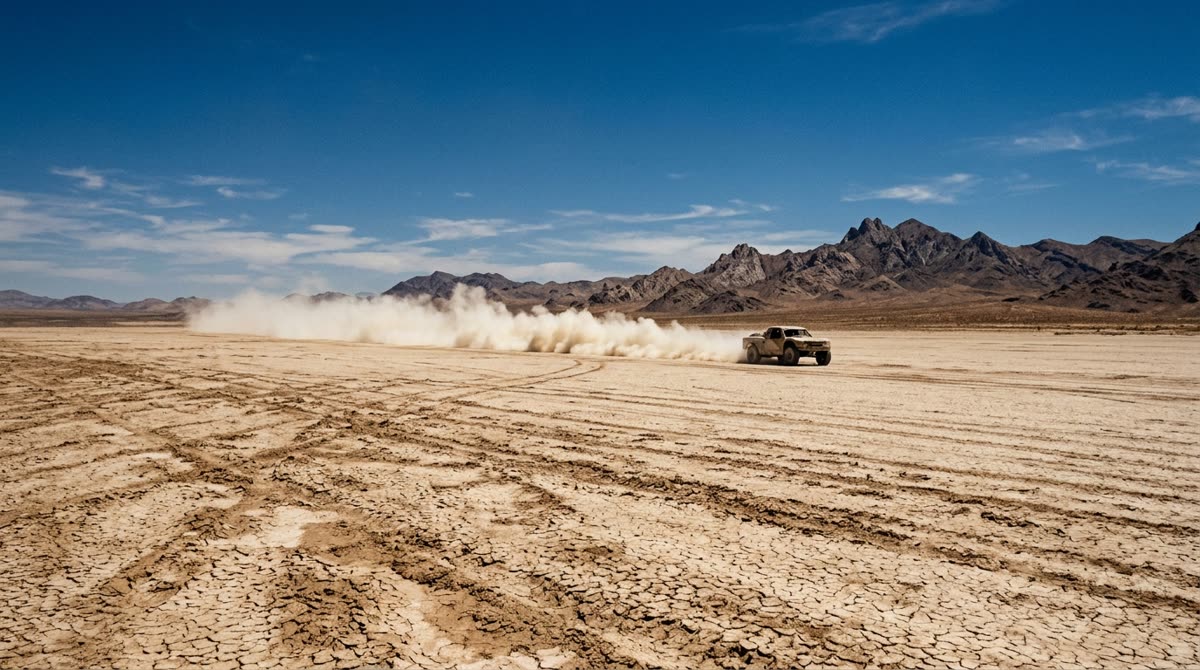 A lone off-road race truck crossing a dry lakebed, trailing a long plume of pale dust.