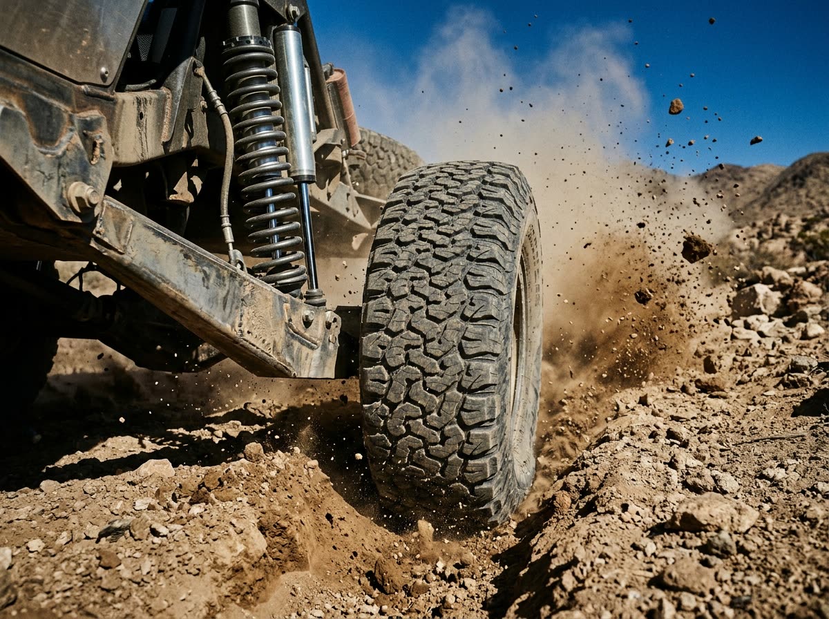 Low close-up of a race truck's rear tire and suspension arm flinging dirt clods into the air.