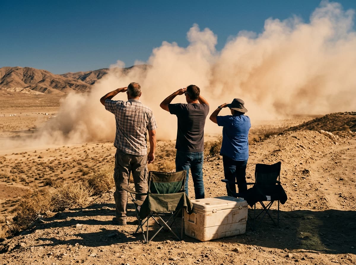 Three spectators seen from behind on a dirt berm shielding their eyes as dust rises beyond.